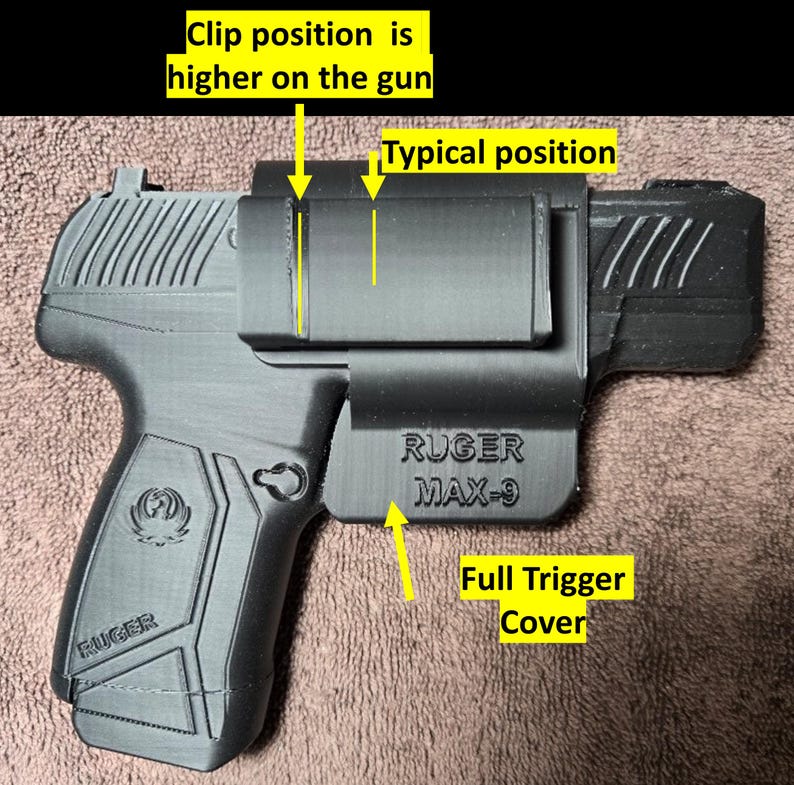 May include: Black Ruger Max-9 handgun with a full trigger cover. The image shows the clip position is higher on the gun compared to the typical position. The text "RUGER MAX-9" is visible on the side of the gun.