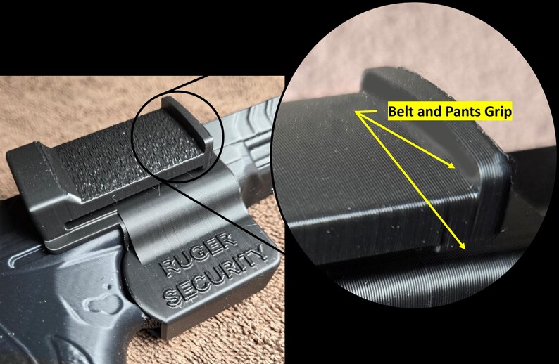 Op de afbeelding: Zwart Ruger Security accessoire met een getextureerde grip en de woorden "Ruger Security" in reli&euml;f aan de zijkant. De afbeelding toont ook een close-up van het "Belt and Pants Grip" gebied.