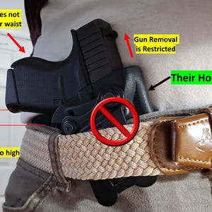 May include: A black handgun in a holster, attached to a beige and brown belt. The image includes text indicating the gun does not hug the waist and rides too high. A red circle with a line through it is also visible.