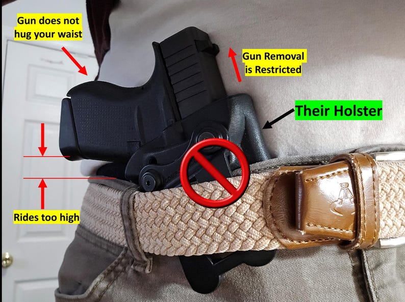 May include: A black handgun in a holster, attached to a beige and brown belt. The image includes text indicating the gun does not hug the waist and rides too high. A red circle with a line through it is also visible.