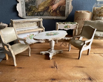 Antique French wooden dollhouse furniture, made by Louis Badeuille, dated about 1880  - 6 pieces