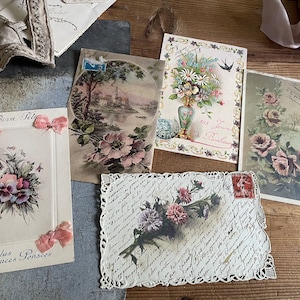 Vintage 1900s French Postcards - Flowers Soft Colors  -  Colors postcards  Set of 5