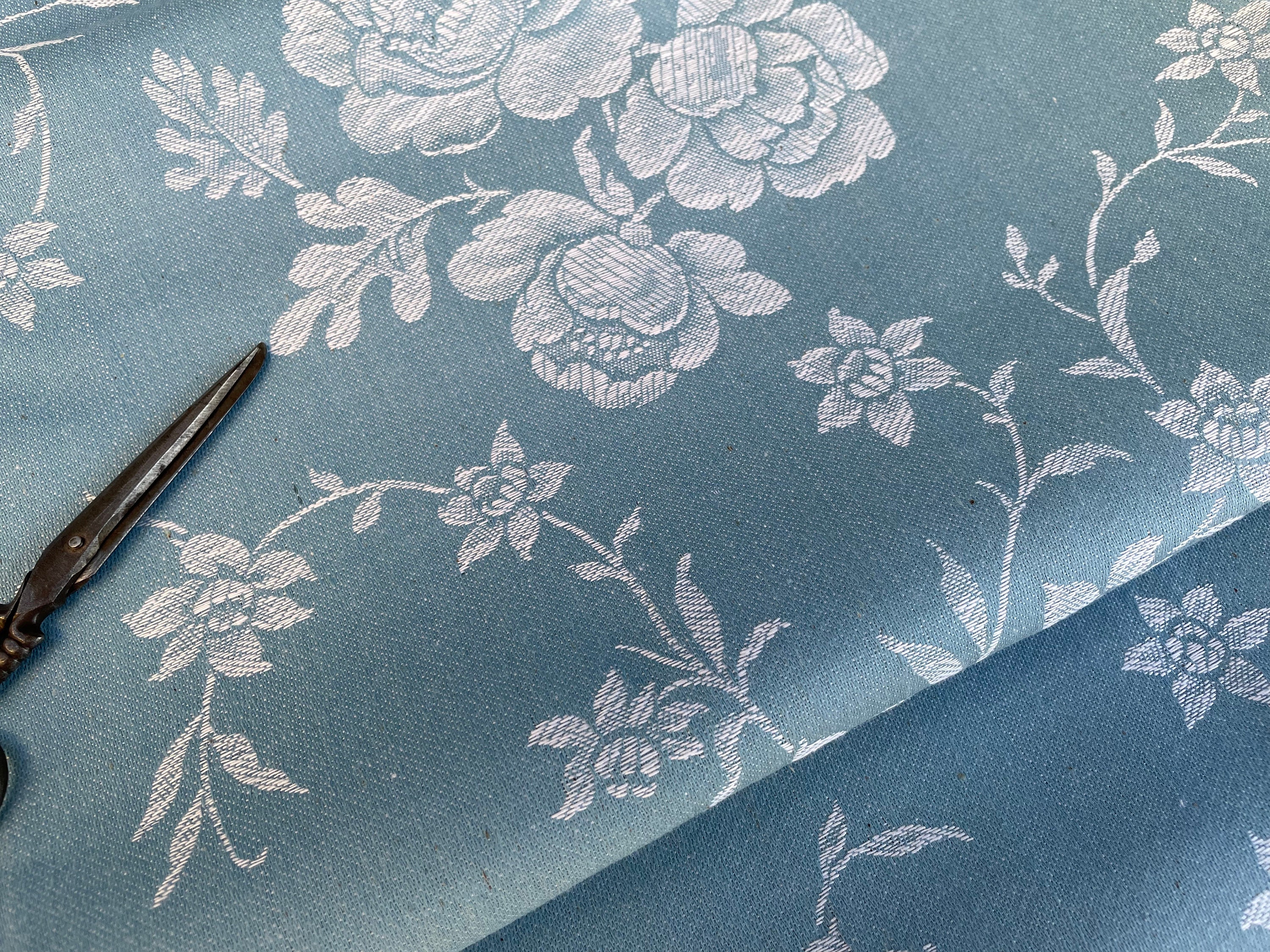 Vintage FRENCH blue damask ticking fabric white flowers Large Etsy