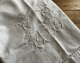 Antique French Part of a bed sheet with spectacular Hand  Embroidered L B letters - Very Large Size