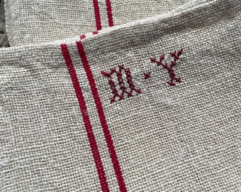 vintage french Hemp kitchen cloth Tea towel with monogram MY Unused