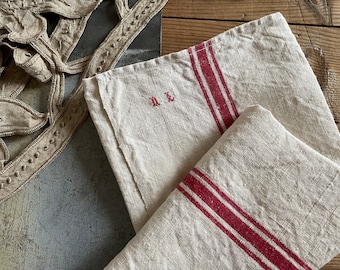 Vintage FRENCH Linen & Cotton Unused Tea Towel  Kitchen Cloth NL Monogram