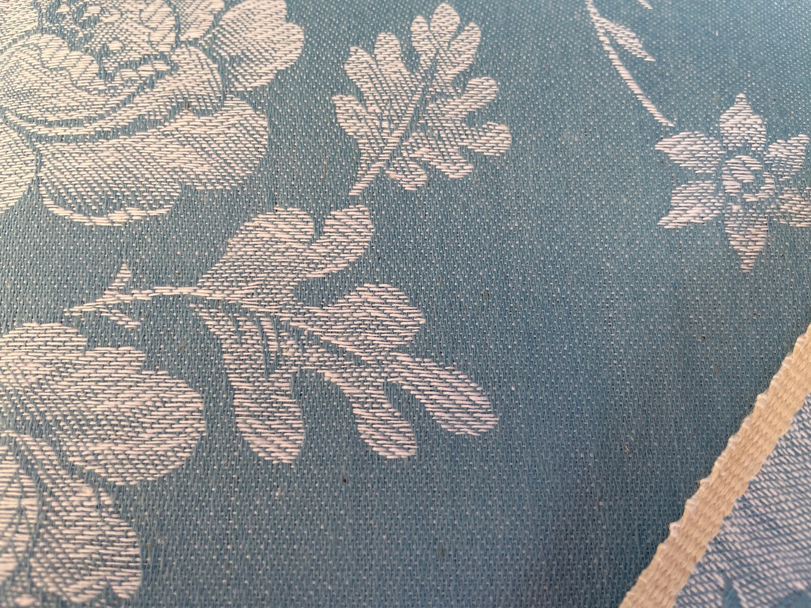 Vintage FRENCH blue damask ticking fabric white flowers Large Etsy