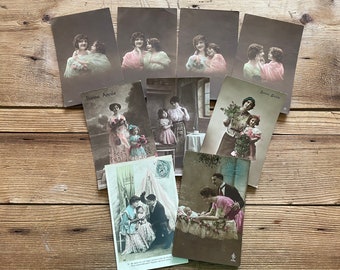 Vintage Franse ansichtkaarten uit de jaren 1900 Kinderen en moeders Moeders Kleuren ansichtkaarten Set van 9