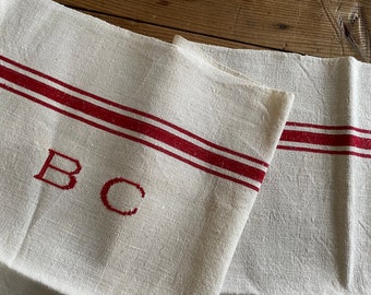 Vintage FRANSE linnen & katoen ongebruikte theedoek keukendoek monogram BC