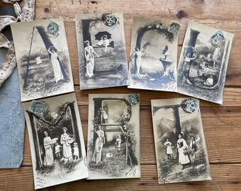 Collection of 7 French Postcards 1900s  - Alphabet Letters