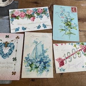 Vintage 1900s French Postcards - Flowers  Forget me not  -  Colors postcards - Set of 5