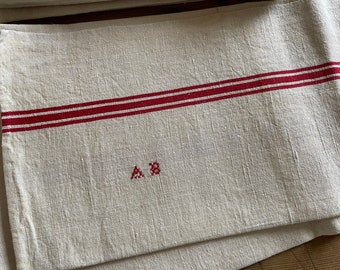 Vintage FRANSE linnen & katoen ongebruikte theedoek keukendoek monogram AB