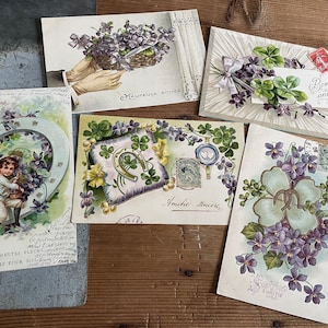 Cartoline francesi vintage del 1900 - Fiori viola - Cartoline colorate Set di 5