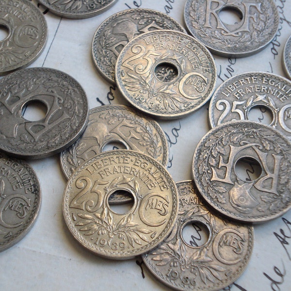 5 antique french Francs 25 centimes coins 1920s 1930s