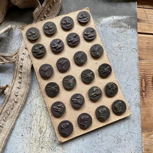 Peut inclure: Ensemble de boutons anciens en métal, ornés de motifs animaliers, disposés sur un support en carton. Les boutons brun foncé présentent divers motifs animaliers. Une bande de tissu beige et des ciseaux sont également visibles.