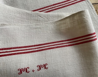 Vintage FRENCH Linen & Cotton Unused Tea Towel  Kitchen Cloth Monogram MM