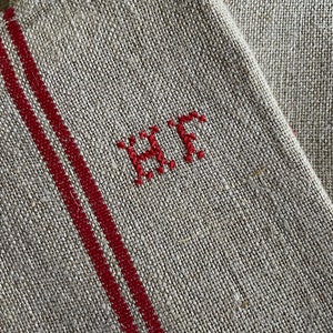 Vintage French Hemp kitchen cloth Tea towel with monogram HF Unused