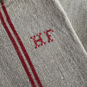 Vintage französisches Hanf Küchentuch Geschirrtuch mit Monogramm GF Unbenutzt