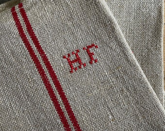 Vintage Franse hennep keukendoek Theedoek met monogram HF Ongebruikt