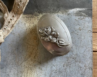 French Pewter Small Oval Box - Rose on lid... Steel Grey Color