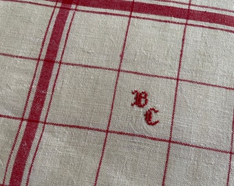 Vintage FRENCH Linen & Cotton Unused Tea Towel  Kitchen Cloth Monogram BC