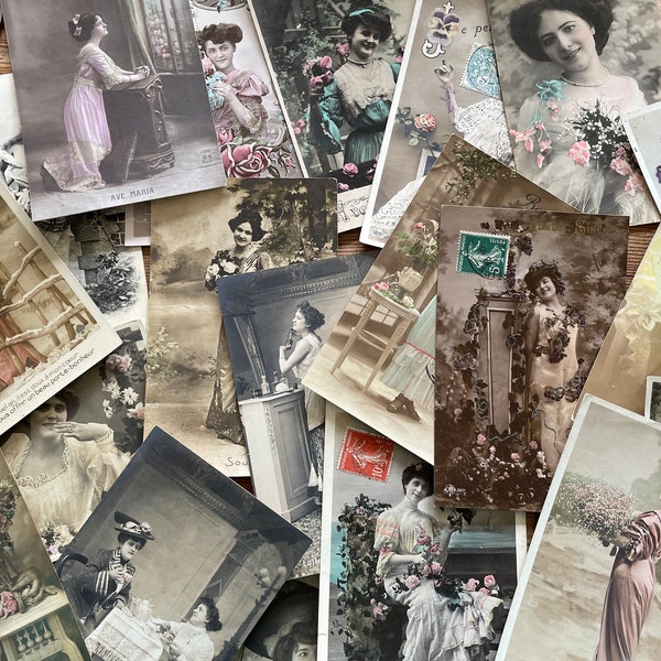 Lot de 10 cartes postales françaises vintage des années 1900 Jeunes femmes noir et blanc/couleur