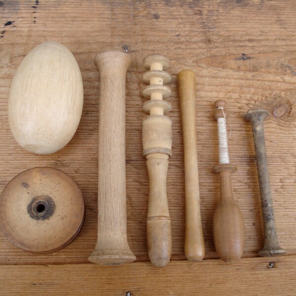 Old FRENCH wooden 7 items supplies spools darning eggs....