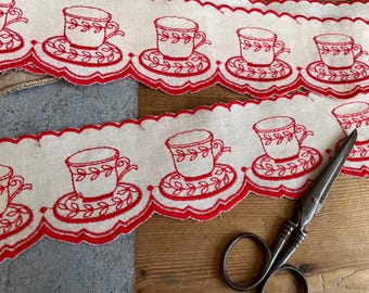 Vintage French Shelf Dresser Embroidered trim red cups Country Farm