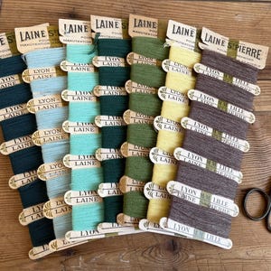 Może przedstawiać: Kolekcja kolorowych szpulek przędzy Laine w odcieniach turkusu, zieleni, żółci i brązu, z drewnianymi etykietami. Para zabytkowych nożyczek spoczywa na drewnianej powierzchni, sugerując motyw rzemieślniczy.