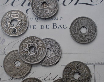 6 antique French Francs 10 centimes coins 1920s 1930s