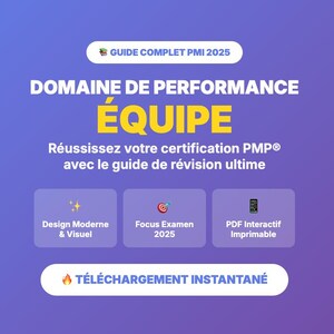 Peut inclure: Graphique avec du texte blanc et jaune sur fond violet. Le texte comprend "GUIDE COMPLET PMI 2025", "DOMAINE DE PERFORMANCE", et "ÉQUIPE". En dessous, trois cases avec texte et icônes, et un bouton "TÉLÉCHARGEMENT INSTANTANÉ".