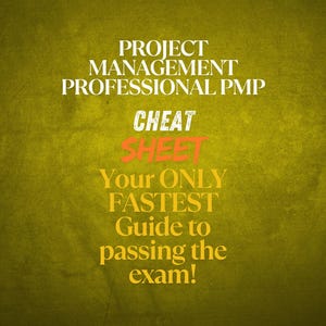 May include: A book cover with a textured, olive-green background. White text reads "PROJECT MANAGEMENT PROFESSIONAL PMP" and "CHEAT SHEET." Below, in gold, it says "Your ONLY FASTEST Guide to passing the exam!" Author: Tarik Kasbaoui.