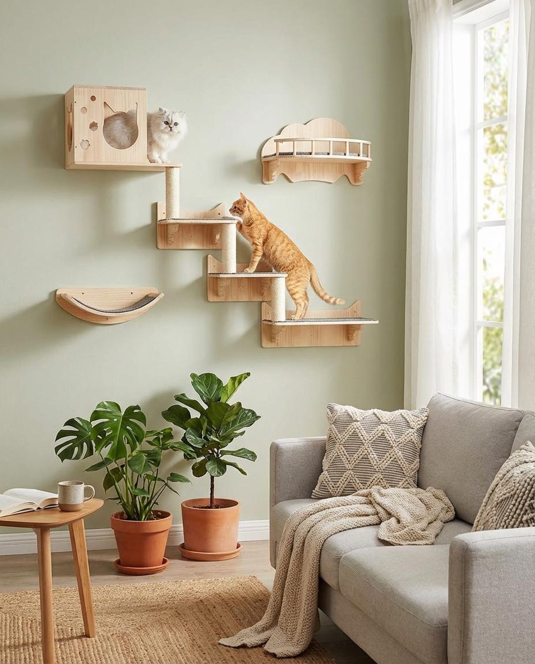 Modern Wall Mounted Cat Shelves & Wooden Cat House Set, Cat Wall ...