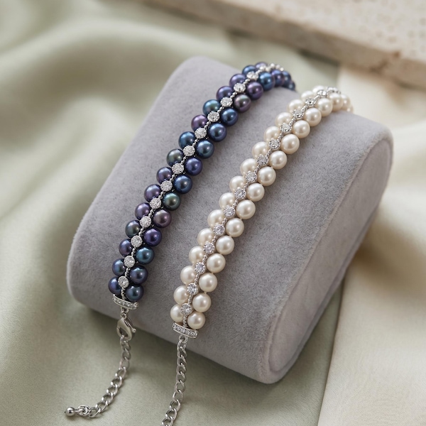 Double Strand Pearl Bracelet, Bridal bracelet, Elegant handmade jewelry gift for Her