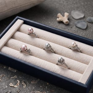 May include: A dark blue rectangular jewelry display box with a beige velvet interior containing five silver rings, each featuring a single round pearl in shades of pink, white, and grey, with intricate metalwork detailing on the ring bands.