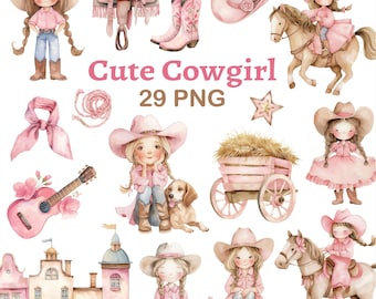 Watercolor Pink Cowgirl Clipart: Western Graphics PNG, Baby shower clipart (Digital Download)