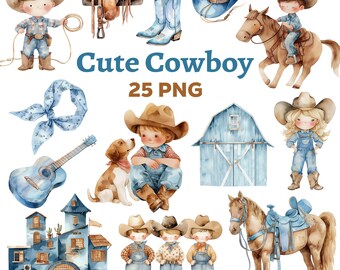 Cute Cowboy Clipart Bundle, Western PNG Graphics (Digital Download)