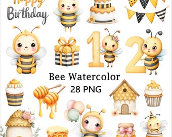 Biene Aquarell Clipart Bundle, süße Hummel PNG Set, Wabe Clipart, Babyparty, 1. Geburtstagsparty, Kinderzimmer Dekor, kommerzielle Nutzung