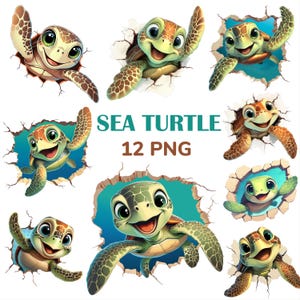 Può includere: Una collezione di illustrazioni di tartarughe marine dei cartoni animati. Le tartarughe hanno gusci verdi e marroni, grandi occhi e sfondano un muro. È incluso anche il testo "SEA TURTLE 12 PNG".
