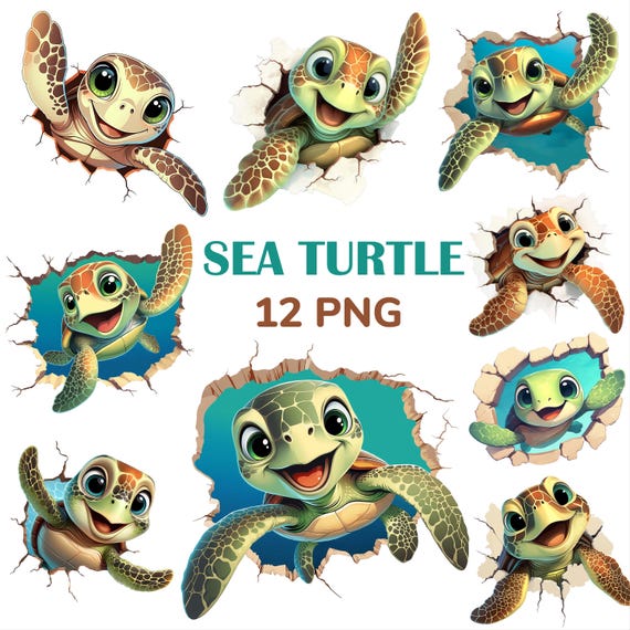 Cute Sea Turtle Clipart Bundle, Baby Turtle PNG (Digital Download)