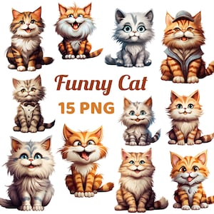Clipartbundel Funny Cat: Kawaii Kitten PNG-stickers (digitale download)