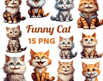 Funny Cat Clipart Bundle: Kawaii Kitten PNG Stickers (Digital Download)