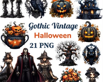 May include: A collection of Gothic Vintage Halloween-themed digital images. Includes illustrations of a haunted house, pumpkins, an owl, a black cat, a vampire, a witch, and other spooky elements. The text "Gothic Vintage Halloween 21 PNG" is also present.