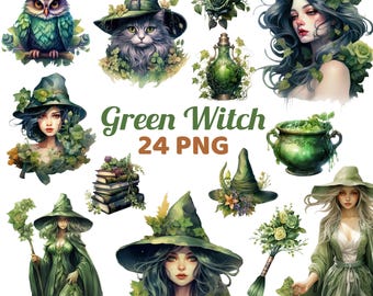 Green Witch Watercolor Clipart, Witchy PNG Bundle (Digital Download)