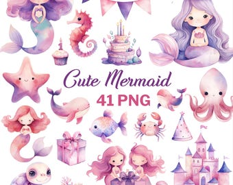 Watercolor Mermaid Clipart Bundle, Ocean Animals, Under the Sea Party, Mermaid Birthday PNG (Digital Download)