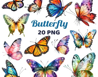 Clipart papillon aquarelle PNG : motifs floraux (téléchargement numérique, 20 fichiers PNG, 300 ppp)