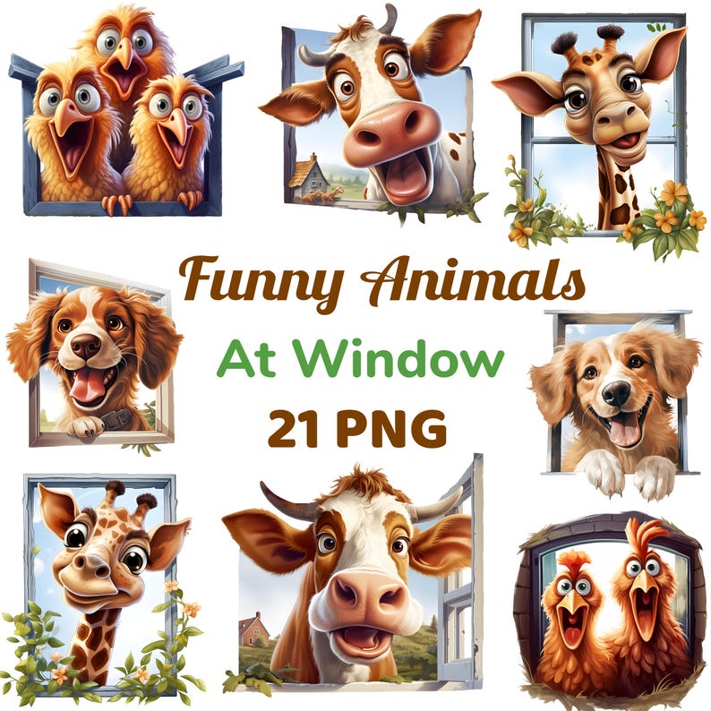 Funny Farm Animal Clipart Bundle | Funny Window PNG (digital Download ...