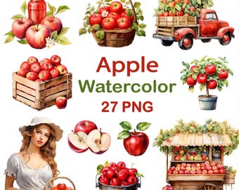 May include: Watercolor illustrations of apples and apple-related items. Includes a red truck filled with apples, a basket of apples, a wooden crate of apples, and a woman holding a basket of apples. The text "Apple Watercolor 27 PNG" is also present.