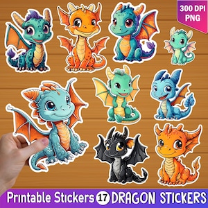 Cute Baby Dragon Stickers, Printable Dragon Clipart, Kawaii Dragon Stickers, Baby Dragon PNG, Dragon Sticker Pack, Scrapbooking Stickers