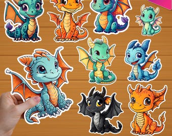 Kawaii Baby Dragon Stickers, Printable Clipart, Scrapbooking (PNG)